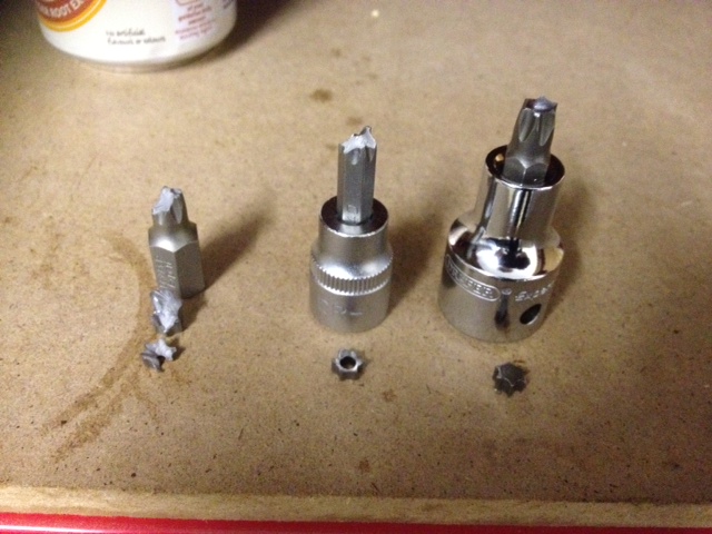 The remains of all my torx. 44ft/lbs is my record, held by the one on the right. Still short of the 55 needed.